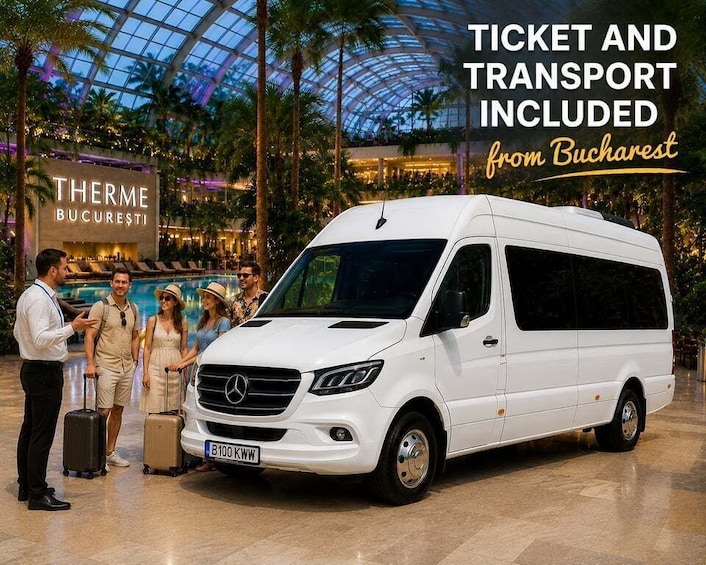 A white Mercedes-Benz van at a hotel with a pool, surrounded by guests. 2