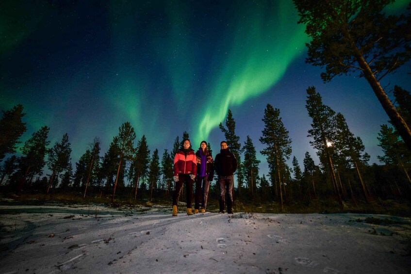Three people standing on a snow-covered ground with trees in the background and the Northern Lights in the sky. 2