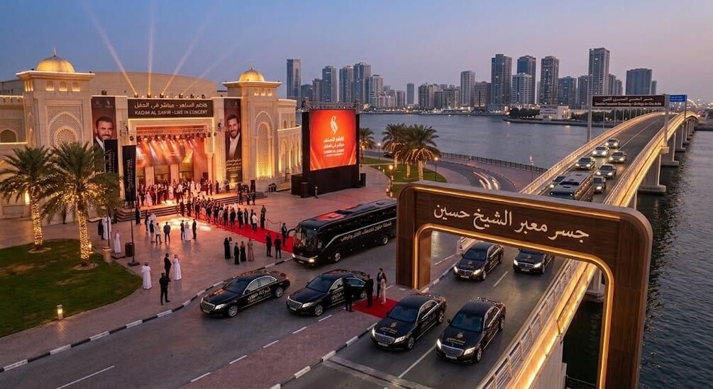 A grand building with a red carpet event, a bridge, and a city skyline in the background. 3