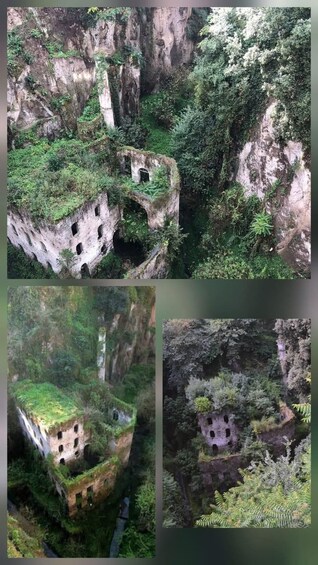 A lush, green canyon with ancient ruins partially covered by vegetation. 2