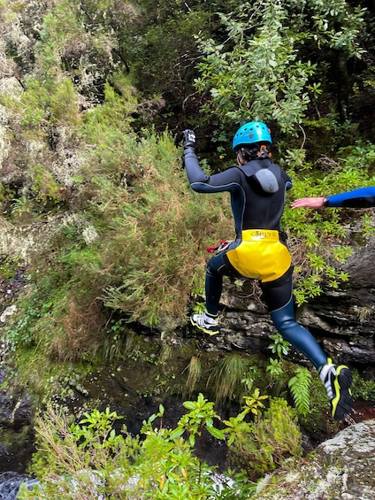 A person rappelling down a rocky cliff surrounded by dense greenery. 4