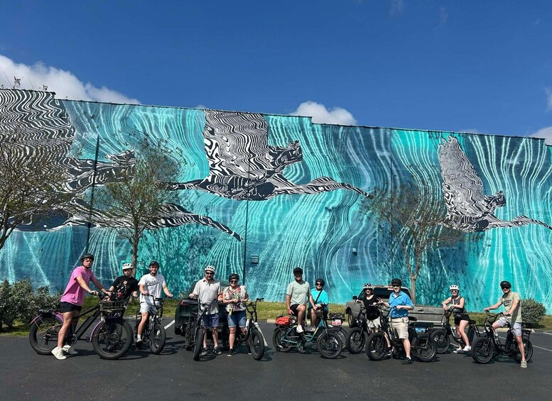 A group of cyclists posing in front of a mural with zebra patterns. 1