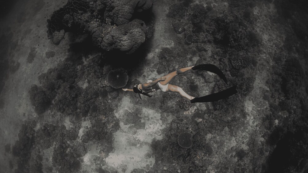 A diver with fins and a helmet, lying on the ocean floor. 5