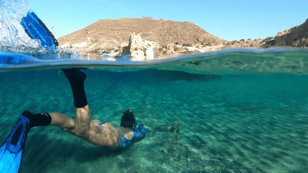 A diver underwater with a mountain in the background. 2