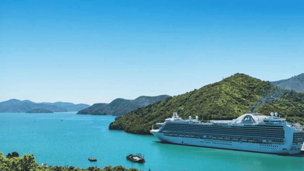 A large cruise ship docked at a port with clear turquoise waters and a lush green island in the background. 1