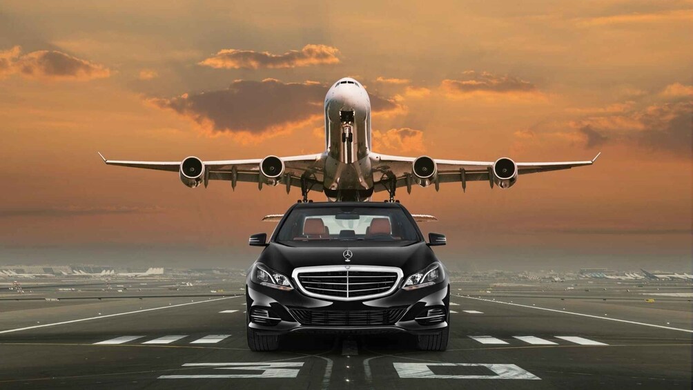 A black Mercedes-Benz car on an airport runway with a large airplane parked on top of it. 3