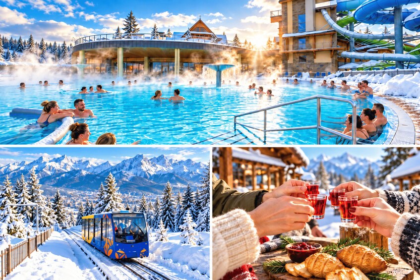 A snowy mountain landscape with a train, a hot spring area with people, and a festive gathering with food and drinks. 1