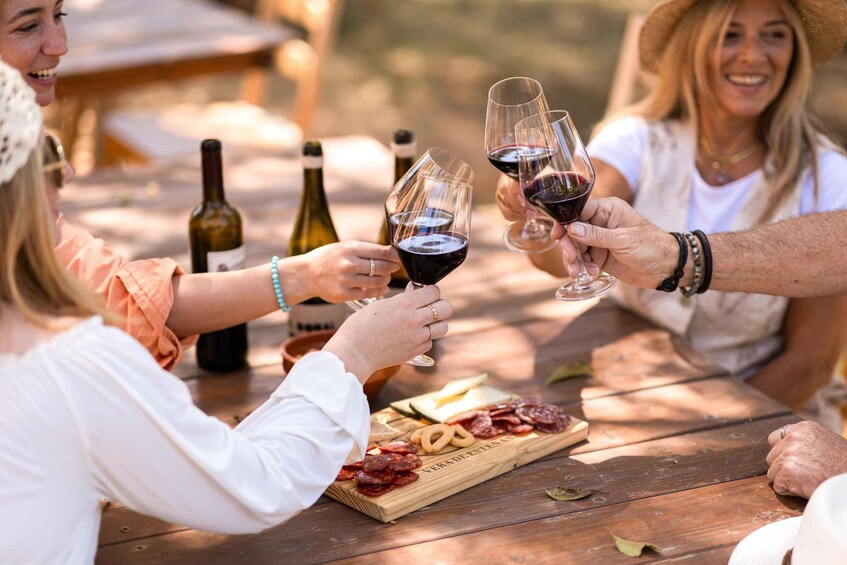 A group of people toasting with wine glasses at a wooden table with a cheese board and bottles of wine. 2