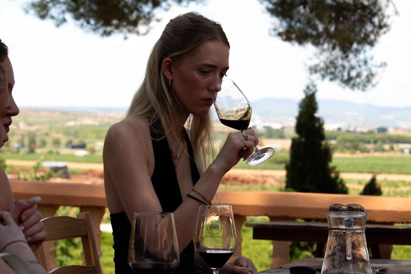 Eine Person hält ein Weinglas und sitzt an einem Tisch mit Blick auf einen Weinberg. 1