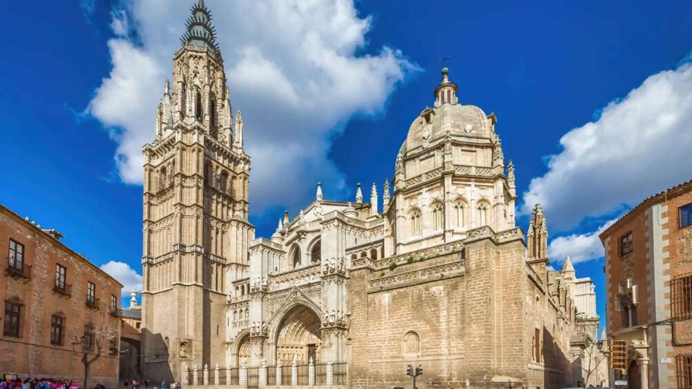 A historic cathedral with twin towers and a large dome. 1