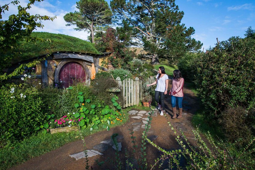 Un sentier de jardin menant à une maison de style Hobbiton, avec une porte rouge, entourée d’une végétation luxuriante et de plantes en fleurs. 5