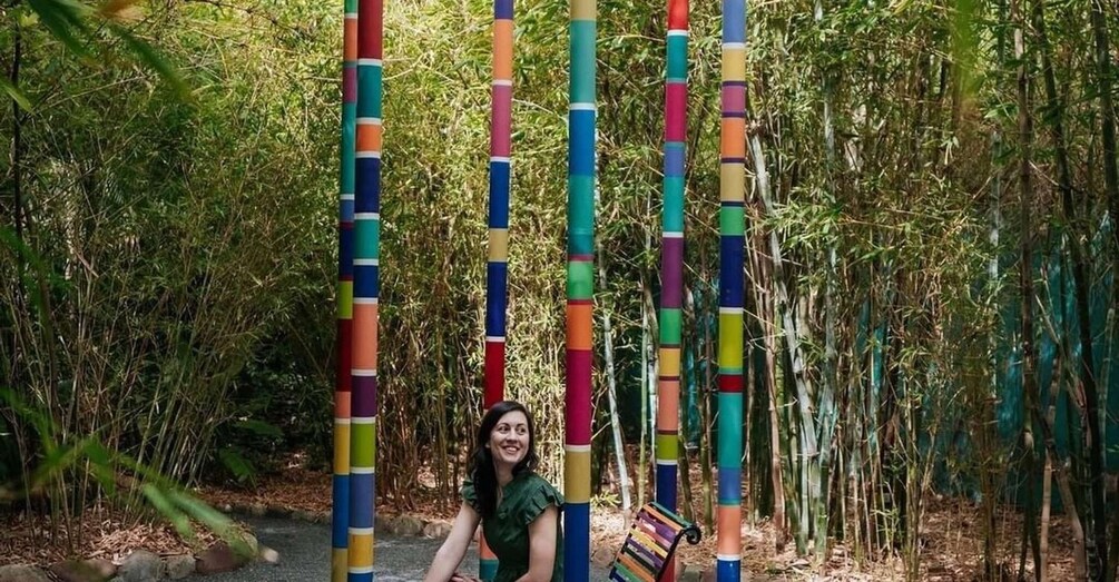 A person sitting under colorful vertical poles in a bamboo forest. 4