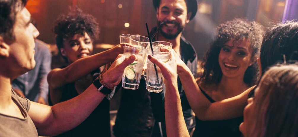 A group of people toasting with drinks in a dimly lit setting. 3