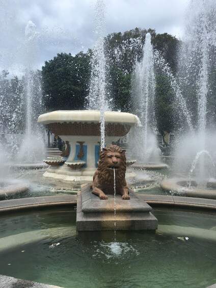 A lion statue in a fountain with water jets. 5