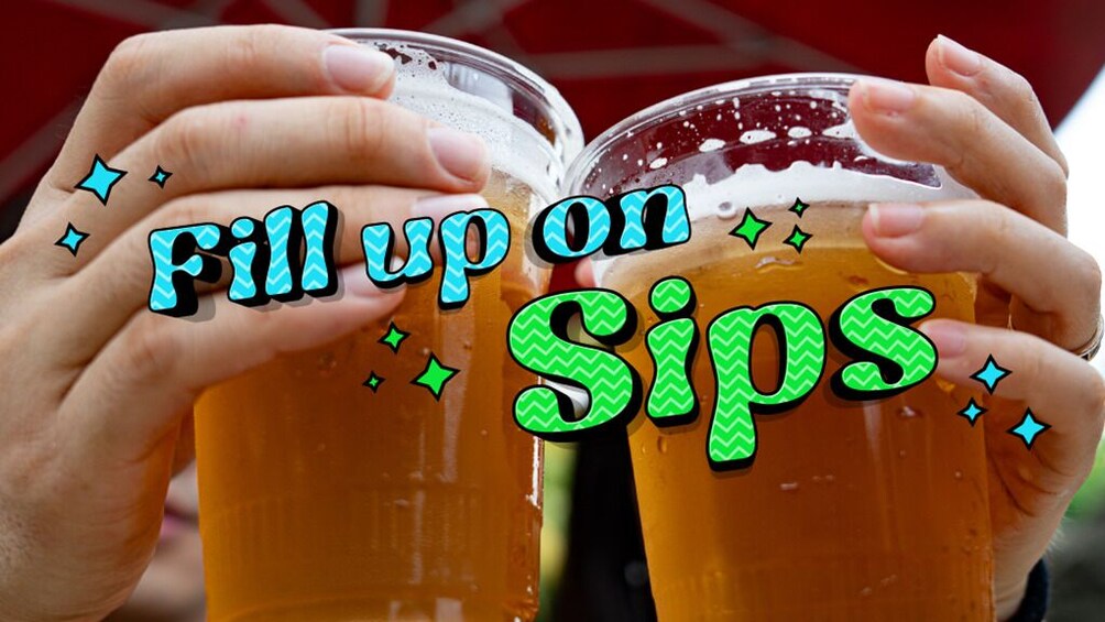 Two hands holding beer glasses with foam, and the text 'Fill up on Sips' with decorative stars. 3