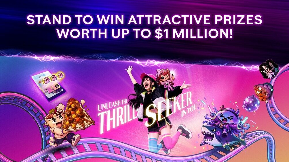 A roller coaster with a purple and pink theme, featuring cartoon characters and a prize announcement. 4