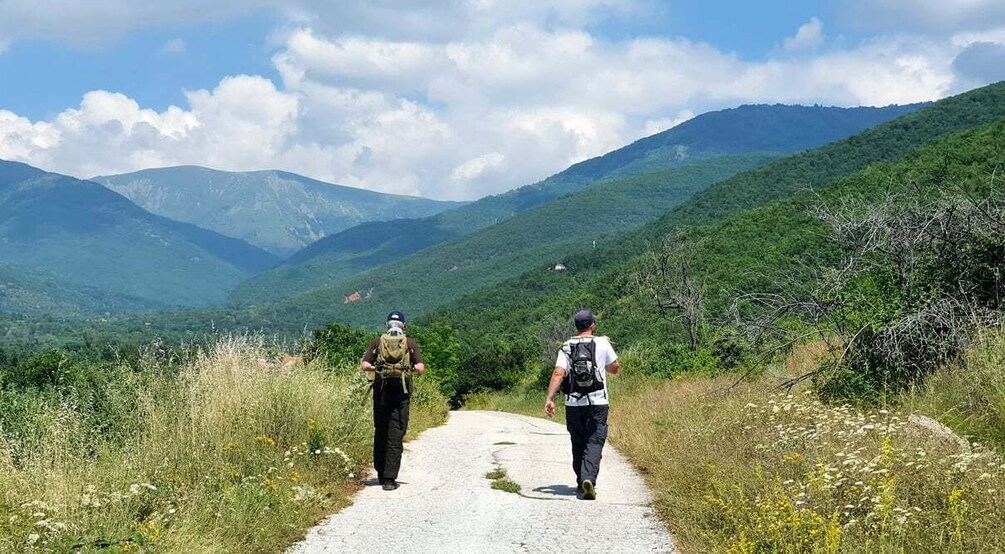 Dos excursionistas en un sendero de grava rodeados de montañas verdes exuberantes. 2