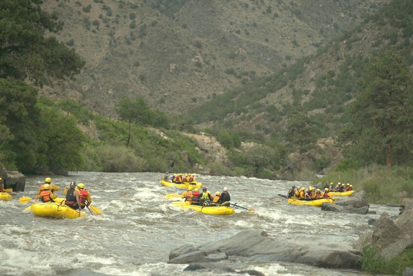 Multiple yellow kayaks navigating a river surrounded by rocky terrain and sparse vegetation. 5