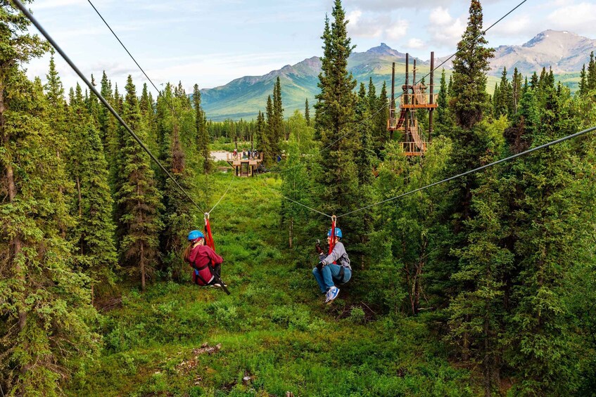 Two people zip-lining through a forest with mountains in the background. 1