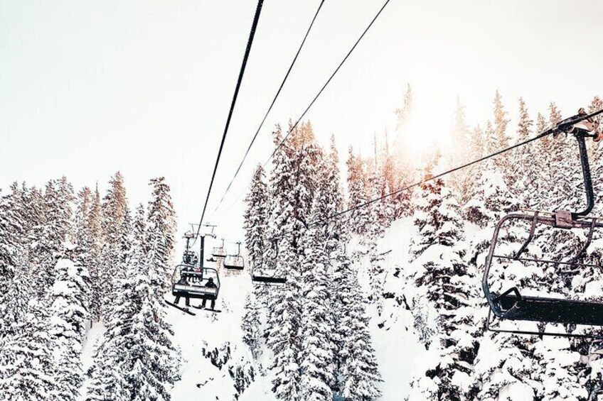 A ski lift in a snowy forest. 5