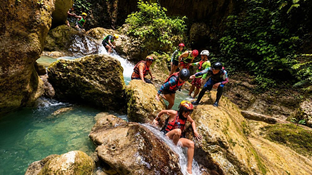 People rappelling down a rocky waterfall in a forested area. 2