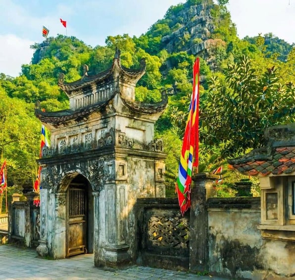 A traditional gate with intricate carvings, surrounded by lush greenery and flags. 3