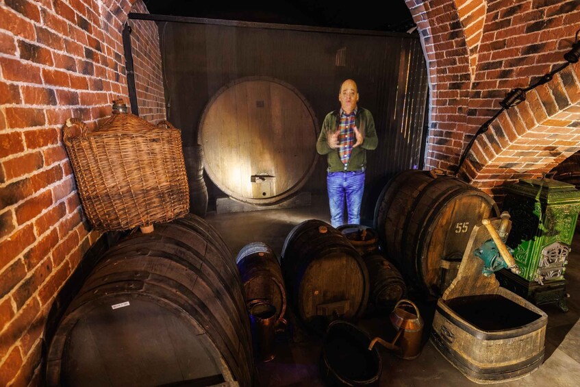 A person standing in a cellar with wooden barrels and a large wooden door. 1