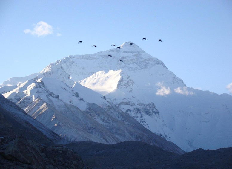 A snow-covered mountain peak with birds flying in the sky. 3