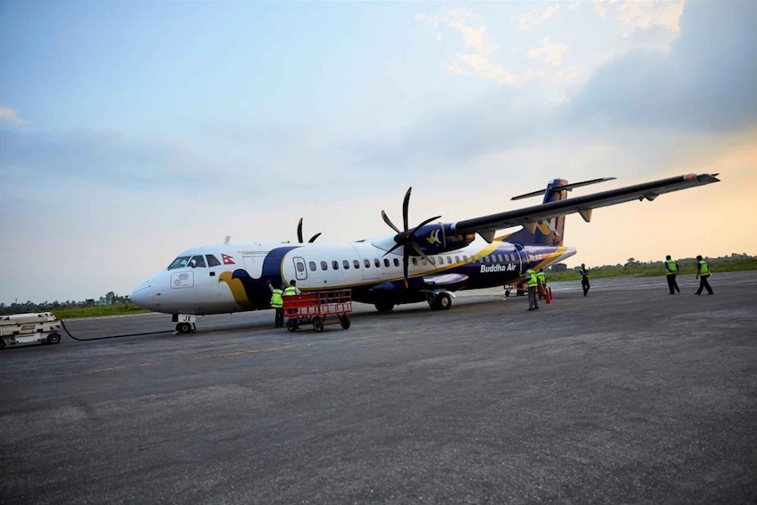A small propeller plane with a propeller and a tail fin parked on a tarmac. 1