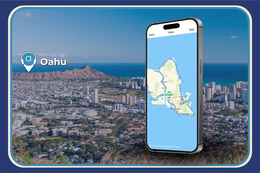 A smartphone displaying a map of Oahu with a cityscape in the background. 4