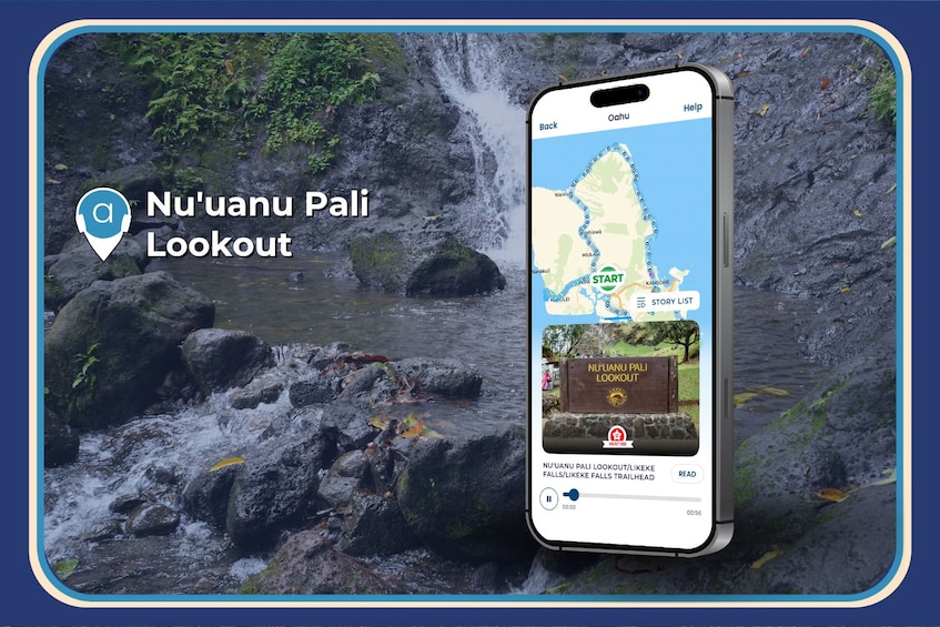A smartphone displaying a map with a marked location for Nu'uanu Pali Lookout, a waterfall, and a trailhead. 5