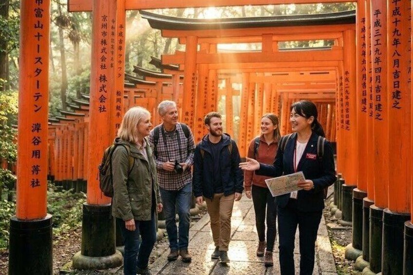 En gruppe mennesker går gennem en korridor af orange torii-porte. 1