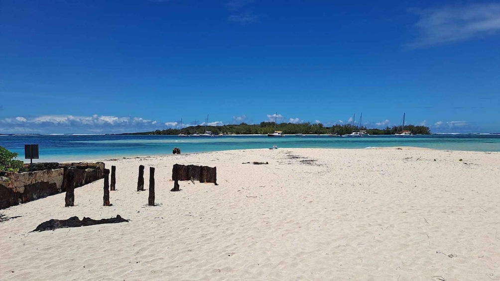 A sandy beach with a clear blue sky, a few wooden posts, and boats in the water. 1
