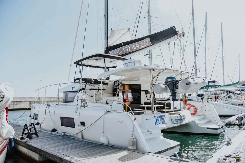 A white yacht docked at a marina with the name "ATLANTIC PEARL FUNNEL" visible on its side. 1