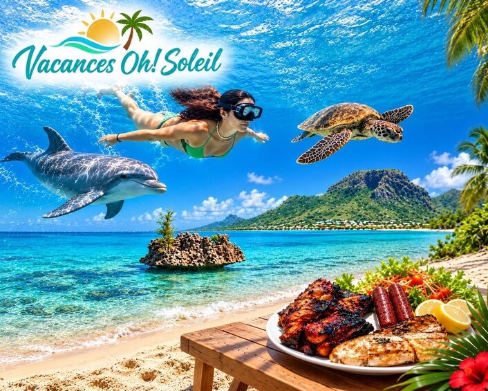 A beach scene with a plate of grilled food, a diver, a sea turtle, and a dolphin. 1