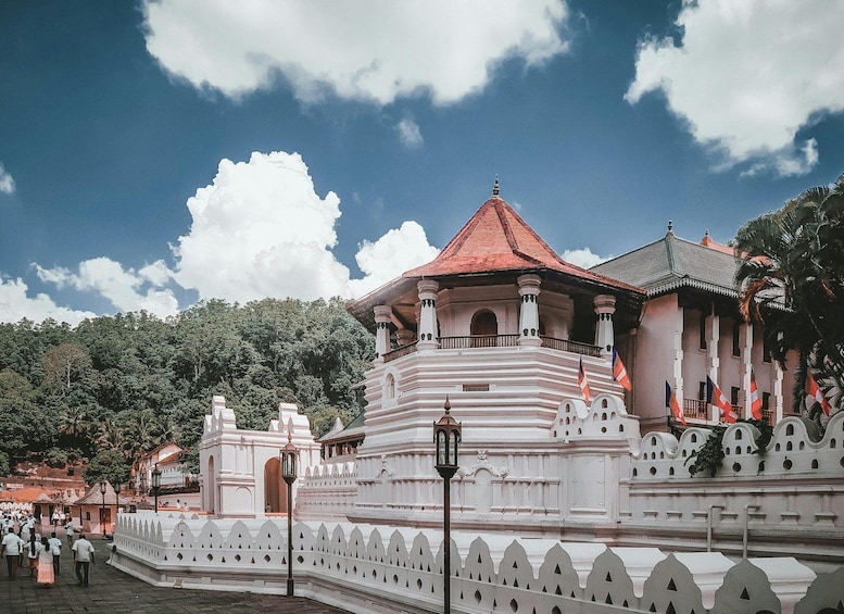 A white temple with a red roof, surrounded by a white fence, and set against a backdrop of trees and a clear sky. 2