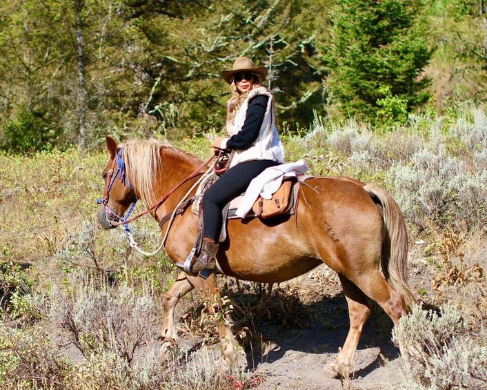 A person riding a horse in a natural setting. 5