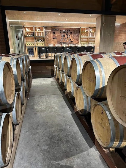 A wine cellar with rows of wooden wine barrels and shelves of wine bottles. 4
