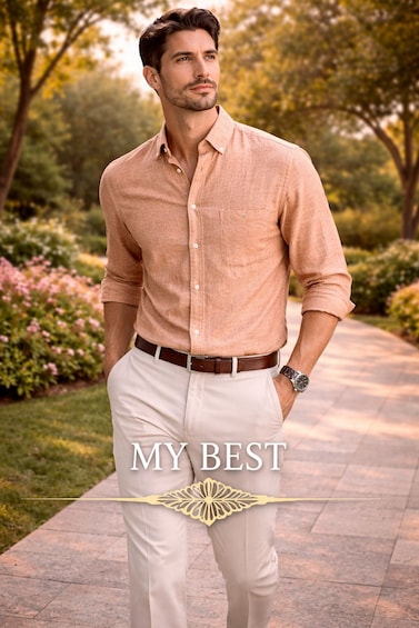A man in a light pink shirt and beige pants standing on a paved path with greenery in the background. 2