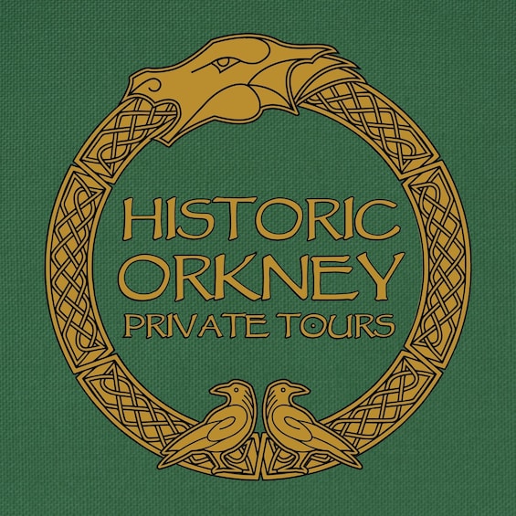 A circular emblem with a bird and a head design, featuring the text 'HISTORIC ORKNEY PRIVATE TOURS'. 2