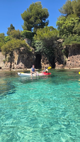Two people kayaking on a clear turquoise sea with rocky cliffs and trees in the background. 4