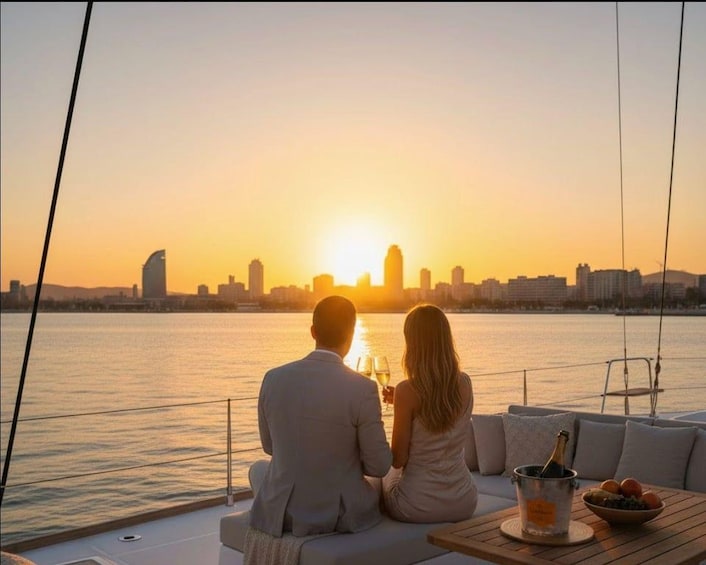 Una pareja en un yate al atardecer, con el horizonte de una ciudad de fondo. 4