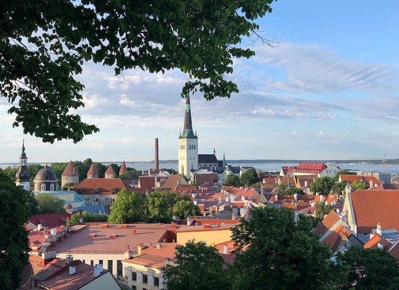 Kaupunkikuva, jossa on historiallisia rakennuksia, huomattava kirkontorni ja taustalla virtaava joki. 1