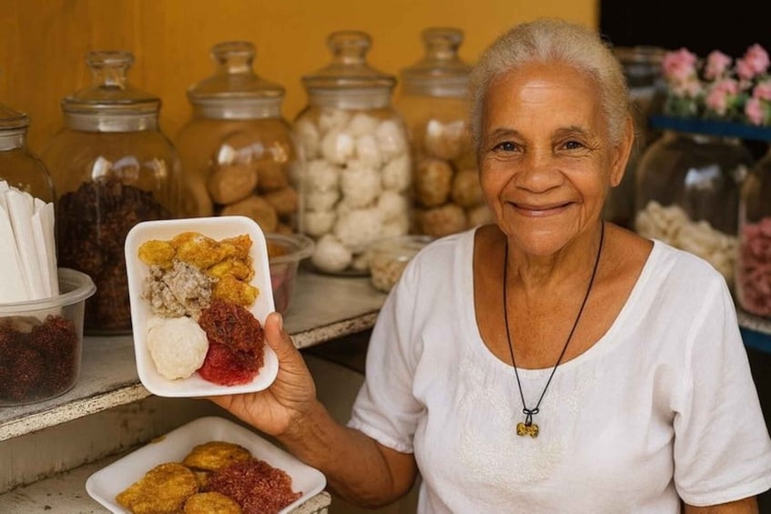 A person holding a plate with various food items. 3