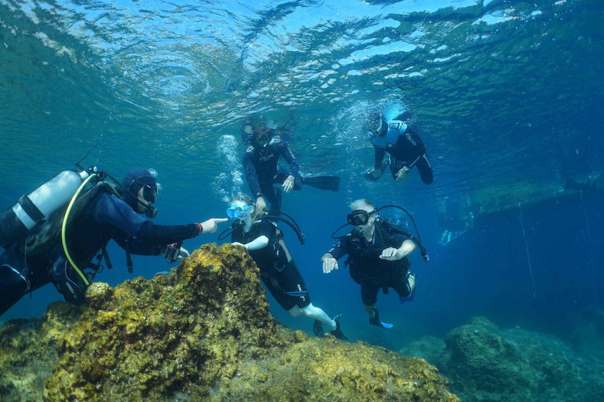 A group of scuba divers underwater near a rocky reef. 5