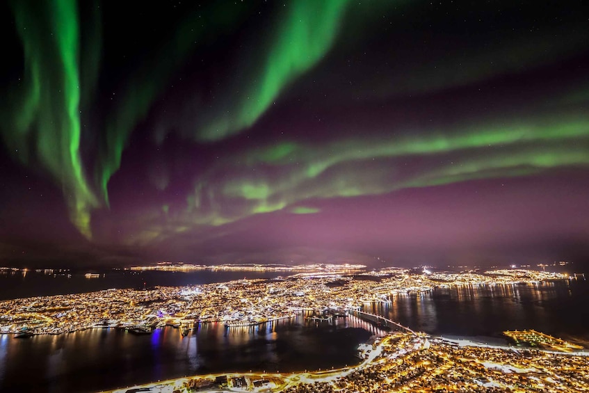 A cityscape at night with the Northern Lights over a body of water. 1