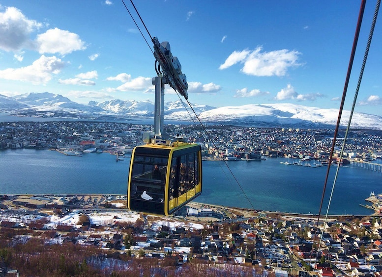 A cable car ascending a mountain with a town and lake below. 2