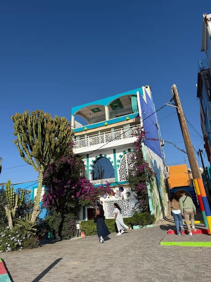 Een gebouw met twee verdiepingen, gekleurd blauw en wit, omringd door cactussen en bougainvillea. 3