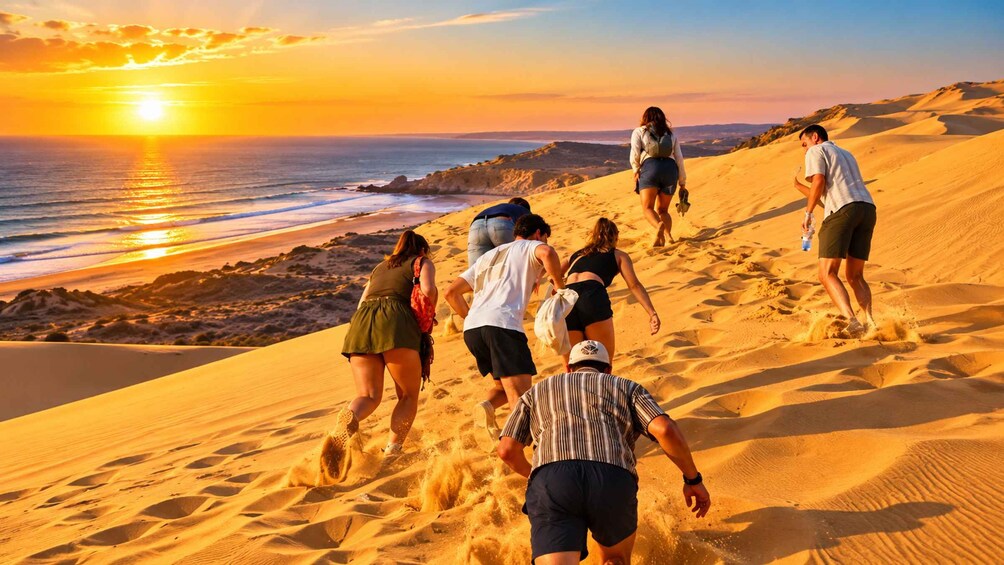 A group of people hiking on a sandy beach at sunset. 4