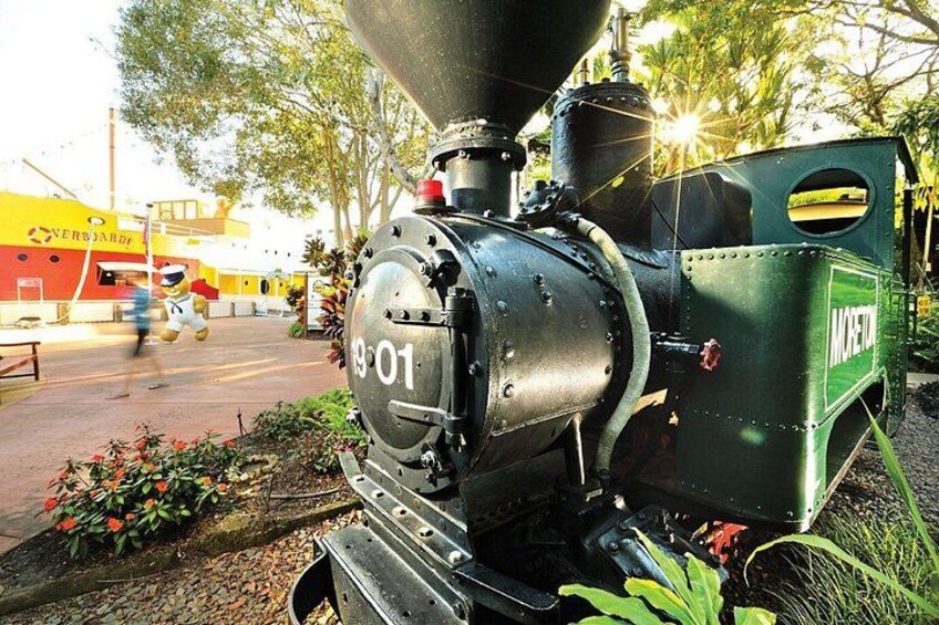 Une locomotive à vapeur d’époque, portant le numéro 01, est entourée de verdure, et on aperçoit un bâtiment en arrière-plan. 5